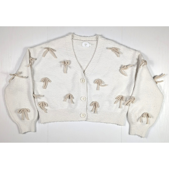 Luna + Ivy Cardigan Sweater Women’s S Ivory Cream 3D Bow Applique Cropped Knit - Picture 4 of 15
